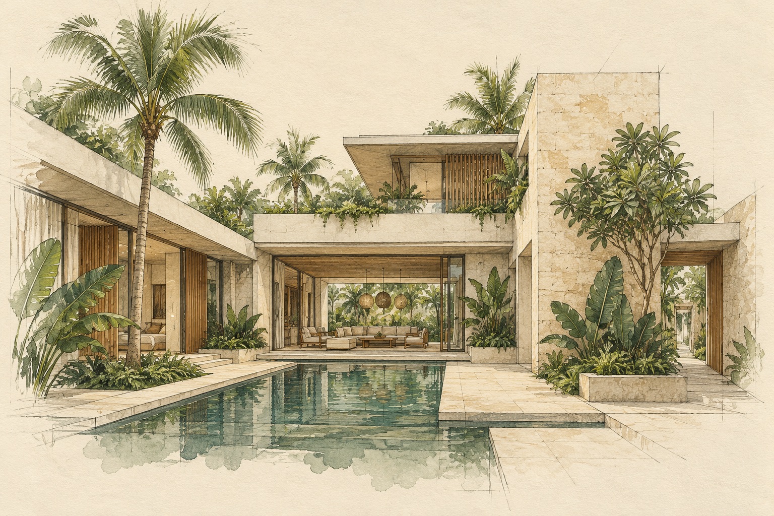 AI-generated ink and watercolour concept sketch of a tropical courtyard home