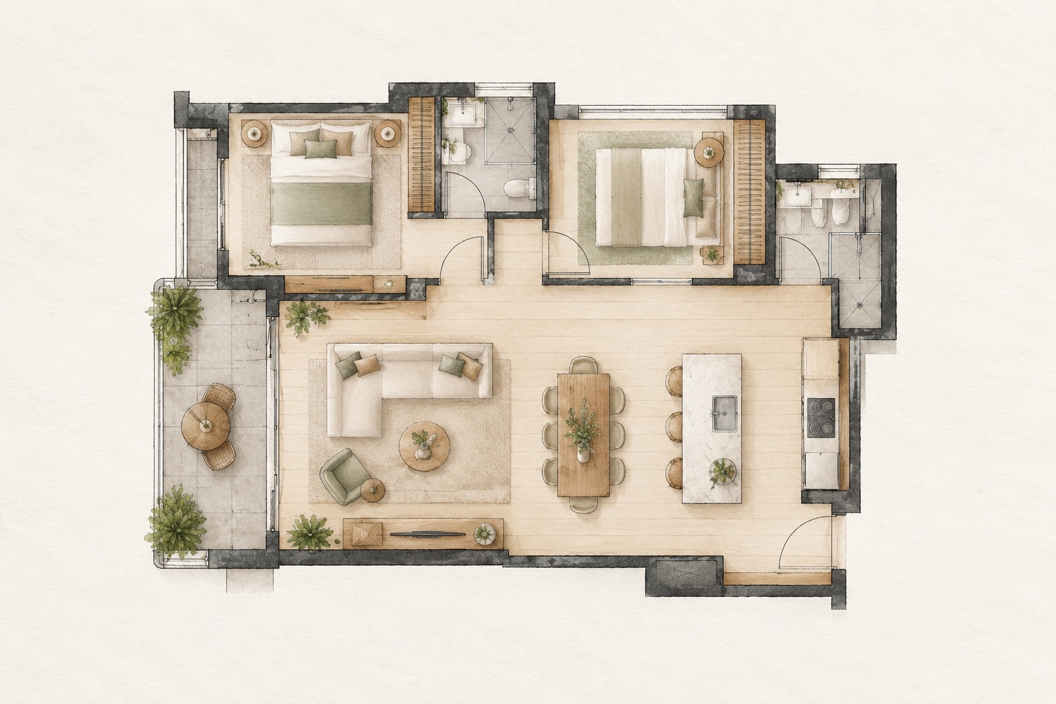 AI-generated conceptual apartment floor-plan drawing, not a construction plan